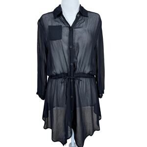 XCVI Snap Button Oversized Sheer Tunic Top Women's Small Black Drawstring‎ Waist